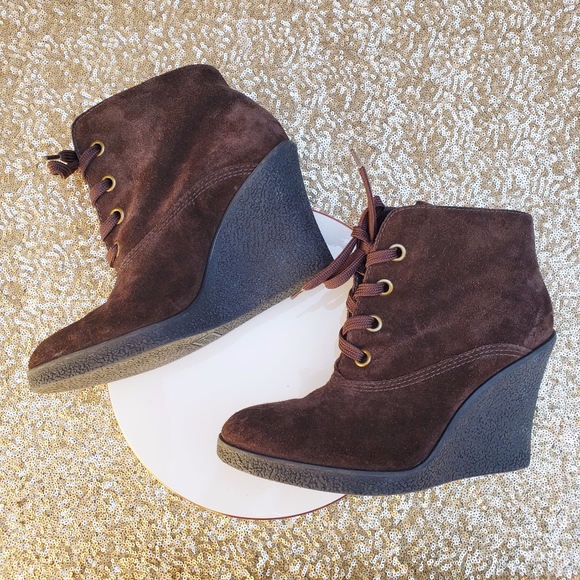 Franco Sarto Shoes - Franco Sarto Brown Suede Lace Up Wedge Booties 8.5